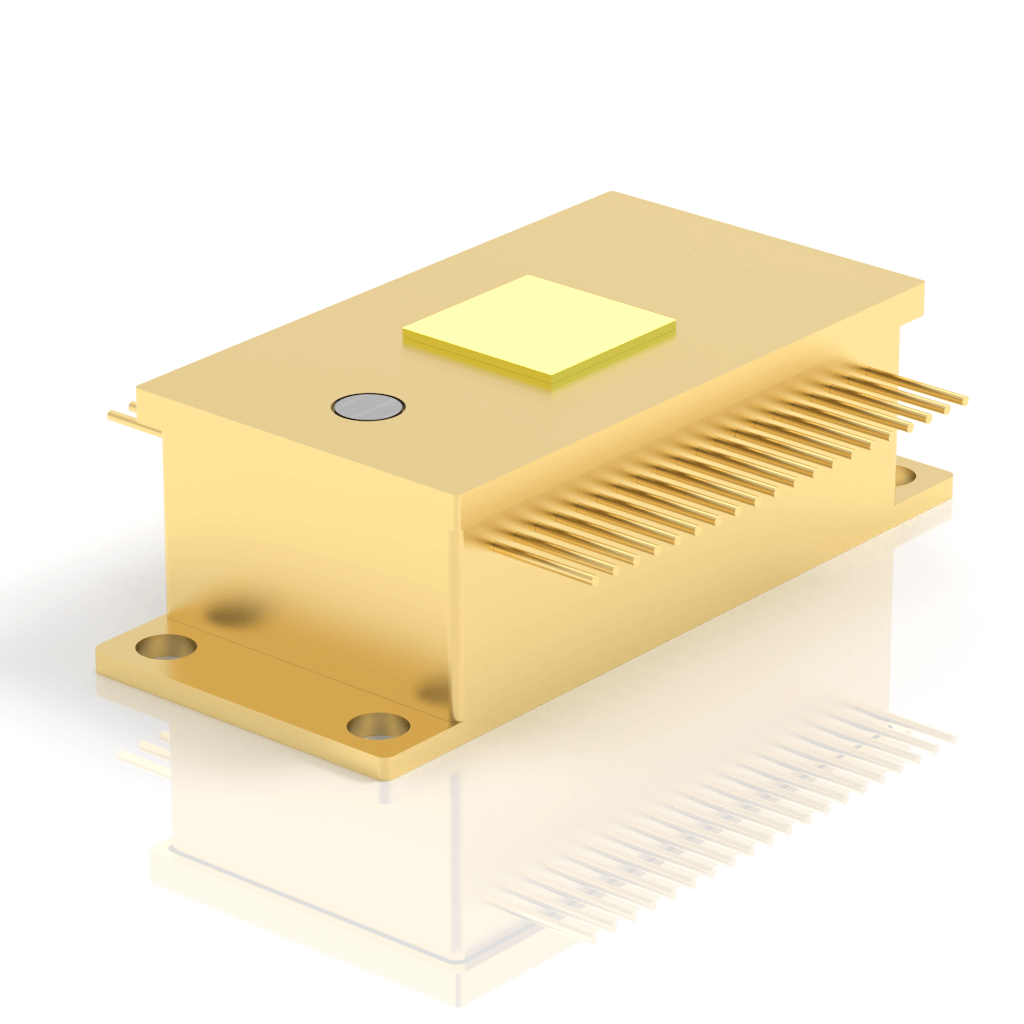 A gold rectangular electronic component with multiple thin pins on one side, a circular mark, a square pad on top, and mounting holes at the base, displayed on a reflective white surface.
