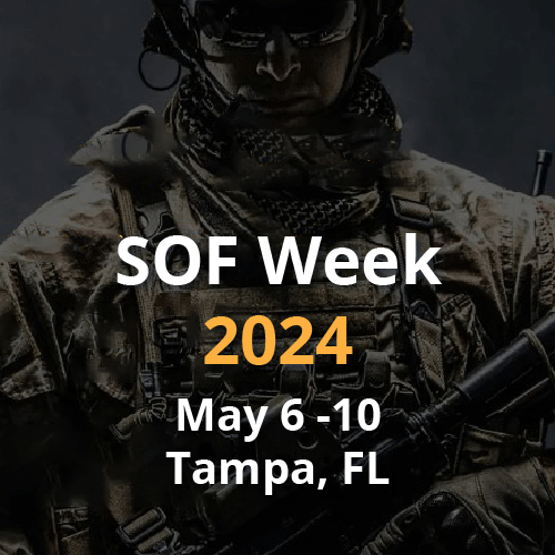 A soldier in tactical gear holding a rifle, with text: "SOF Week 2024, May 6-10, Tampa, FL.