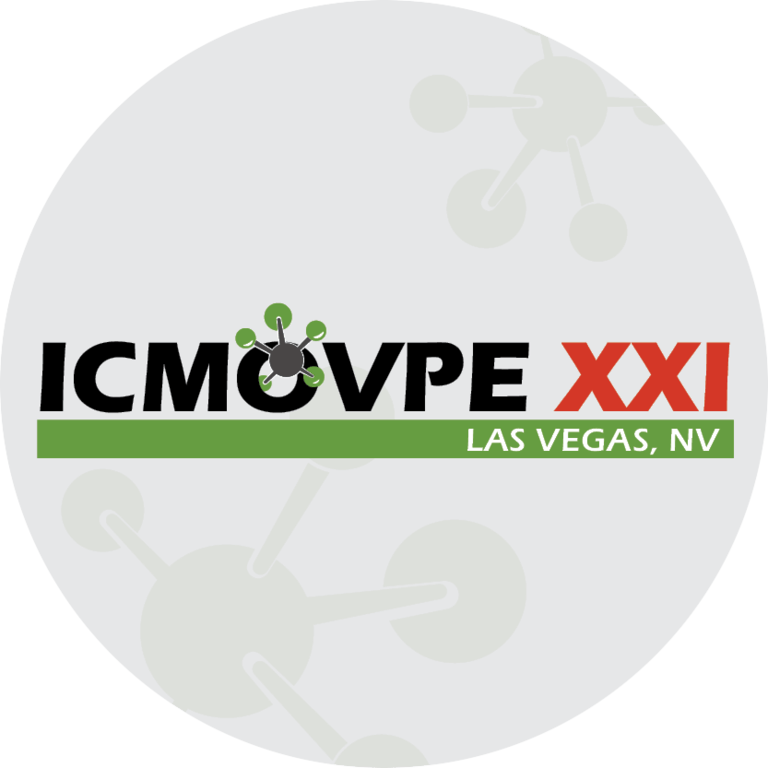 Logo for ICMOVPE XXI, featuring a stylized molecule design. The text reads "ICMOVPE XXI" and "Las Vegas, NV" in bold letters on a circular background, with green and red accents.