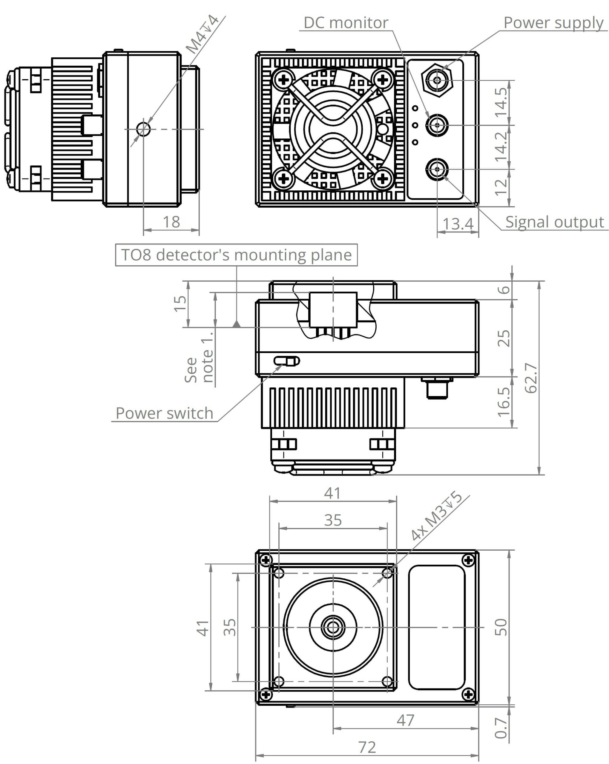 Technical diagram of a TO8 detector's mounting plane, showing dimensions and components like DC monitor, power supply, power switch, and signal output. Includes detailed measurements for mounting and component placements. Labels and arrows indicate parts.