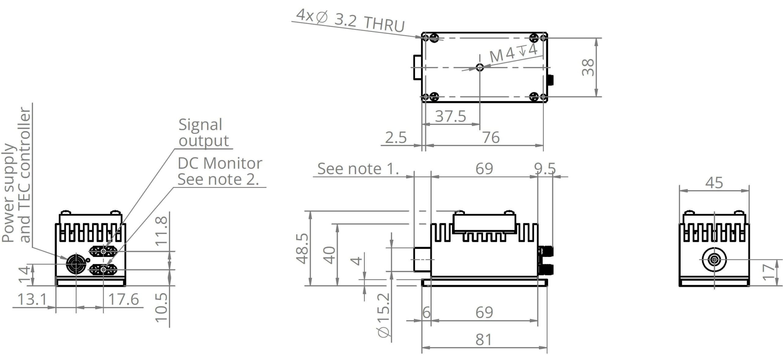 Technical drawing of an electrical component with detailed measurements. Includes views from different angles, showing dimensions like width, height, and specific features such as connection ports and mounting holes. Labels for power supply and signal output.