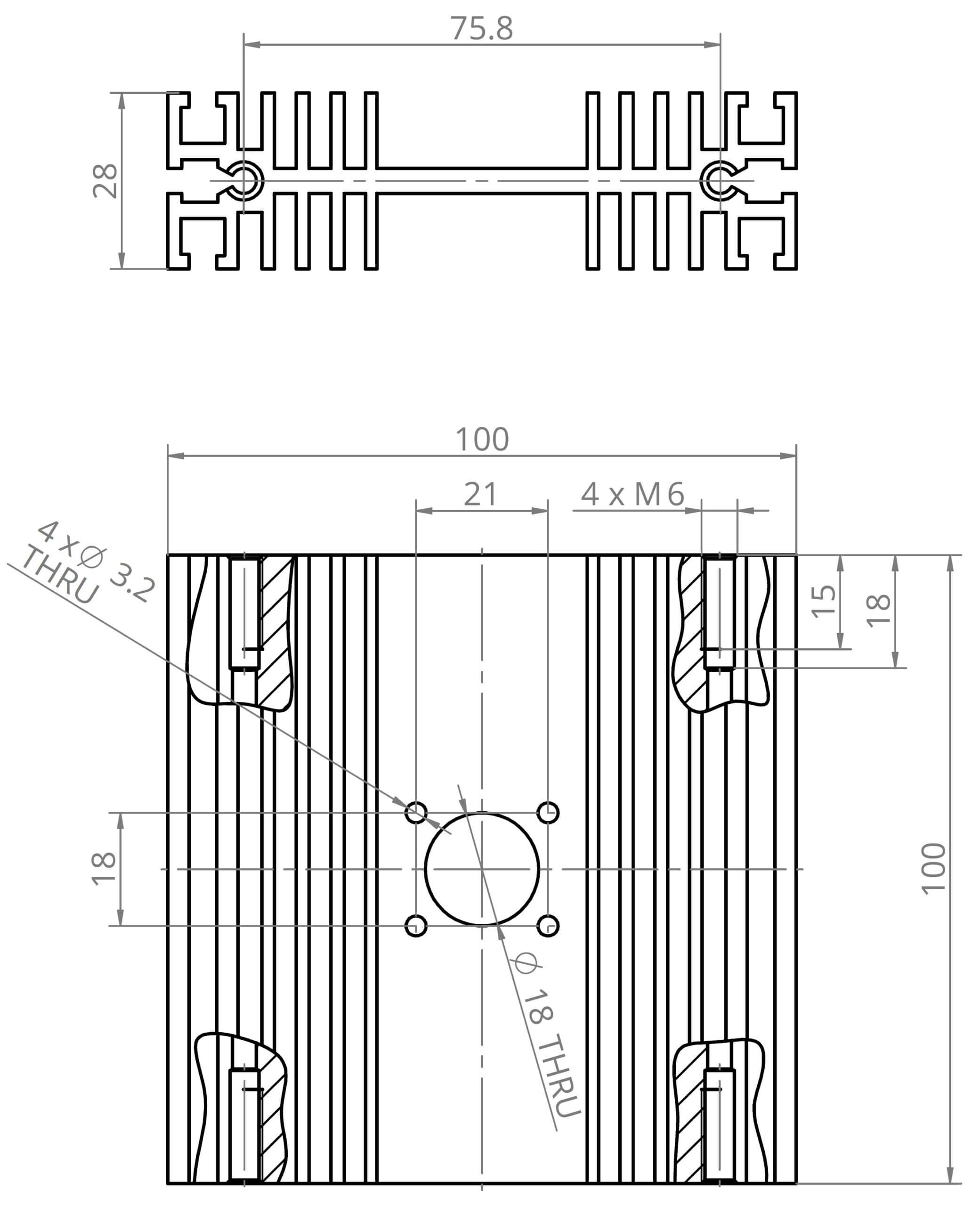 Technical drawing of a metal bracket with detailed measurements. The top view shows a horizontally symmetrical design, while the bottom view displays a rectangular plate with multiple screw holes and grooves, including precise dimensions in millimeters.