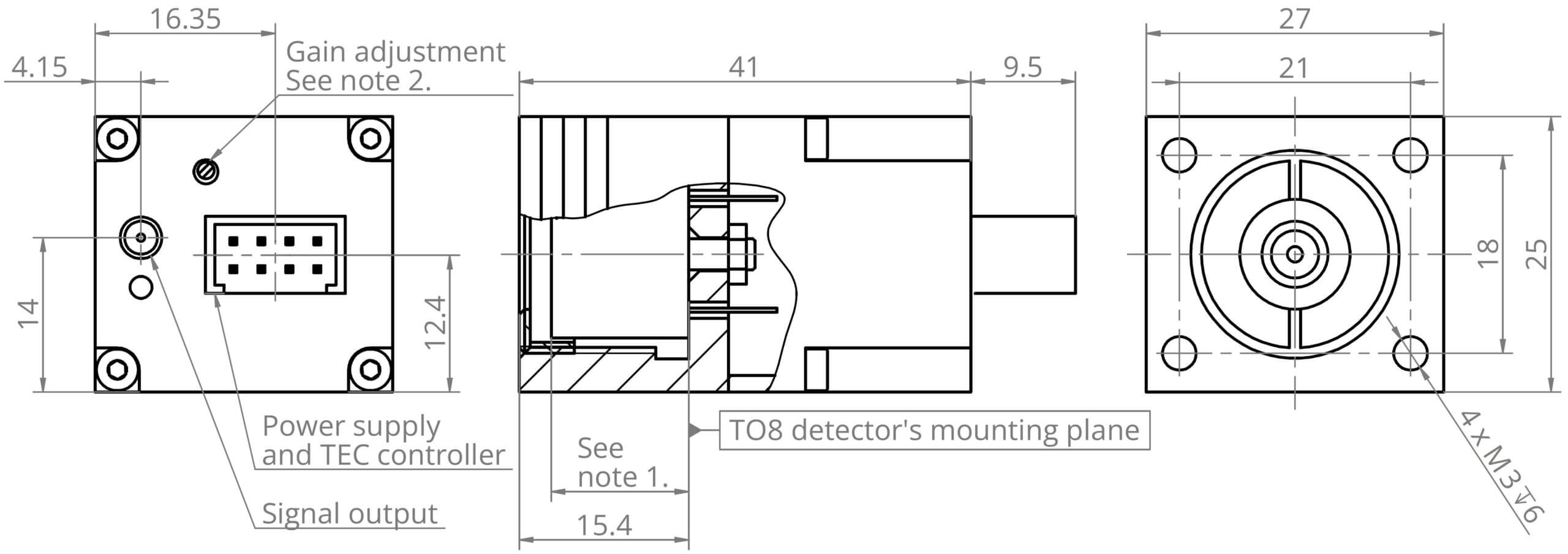 Technical drawing of a TO8 detector with measurements: 16.35x14 mm, including gain adjustment, power supply and TEC controller, and signal output. Features a mounting plane with precise dimensions noted for installation.