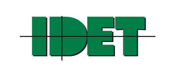 The image shows the word IDET in bold, green capital letters with black outlines and lines intersecting the text both horizontally and vertically. The background is white.