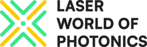 Logo for LASER World of PHOTONICS featuring overlapping green and yellow lines forming an abstract X shape to the left of the event name in bold, black text.