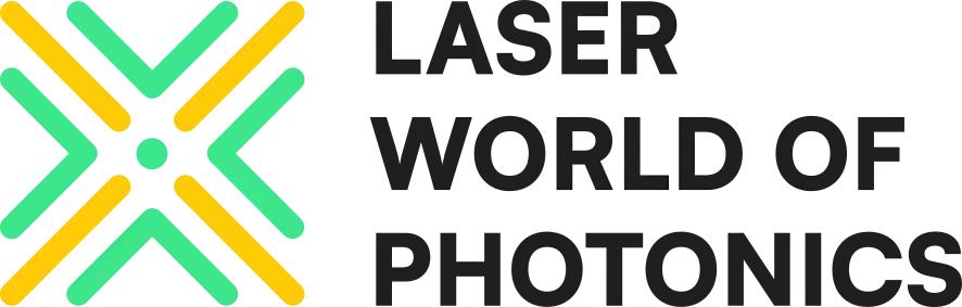 Logo for LASER World of PHOTONICS featuring overlapping green and yellow lines forming an abstract X shape to the left of the event name in bold, black text.