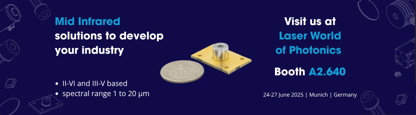 A promotional banner for Laser World of Photonics features a small gold sensor next to a coin, with event details, booth number A2.640, and highlights on mid-infrared industrial solutions.
