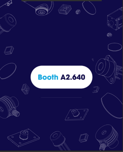 Dark blue background with outlined technical drawings of mechanical parts. Centered white rounded rectangle contains the text Booth A2.640 in blue and black font.