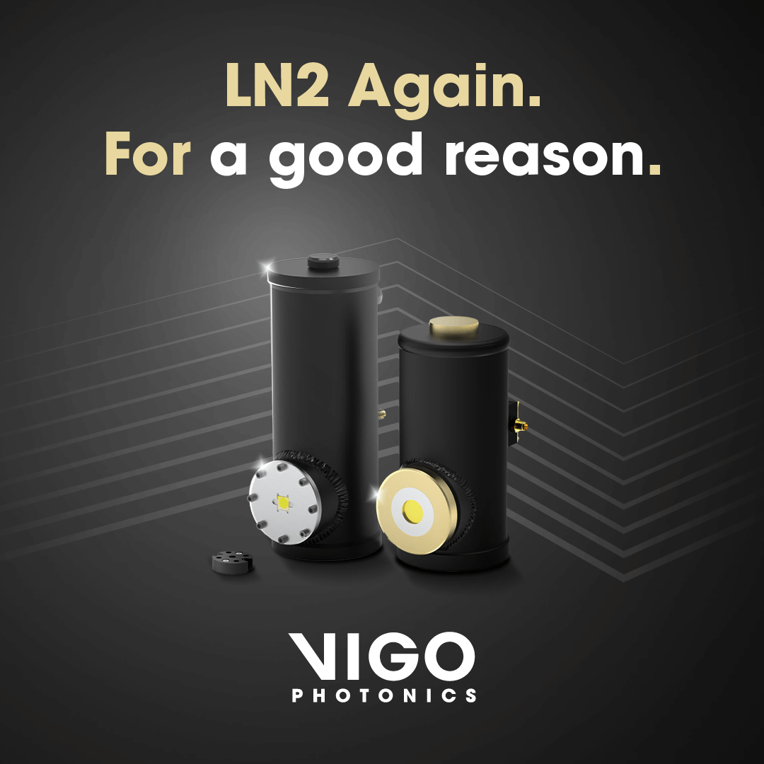 Two black cylindrical devices with metallic details are displayed on a dark background. Bold text above reads “LN2 Again. For a good reason.” The logo “VIGO PHOTONICS” appears at the bottom.