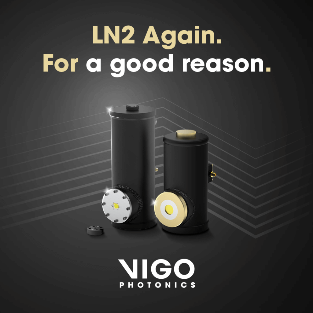 Two cylindrical devices with metallic and gold accents are displayed on a dark background with geometric lines. Text above reads, LN2 Again. For a good reason. The VIGO Photonics logo appears at the bottom.