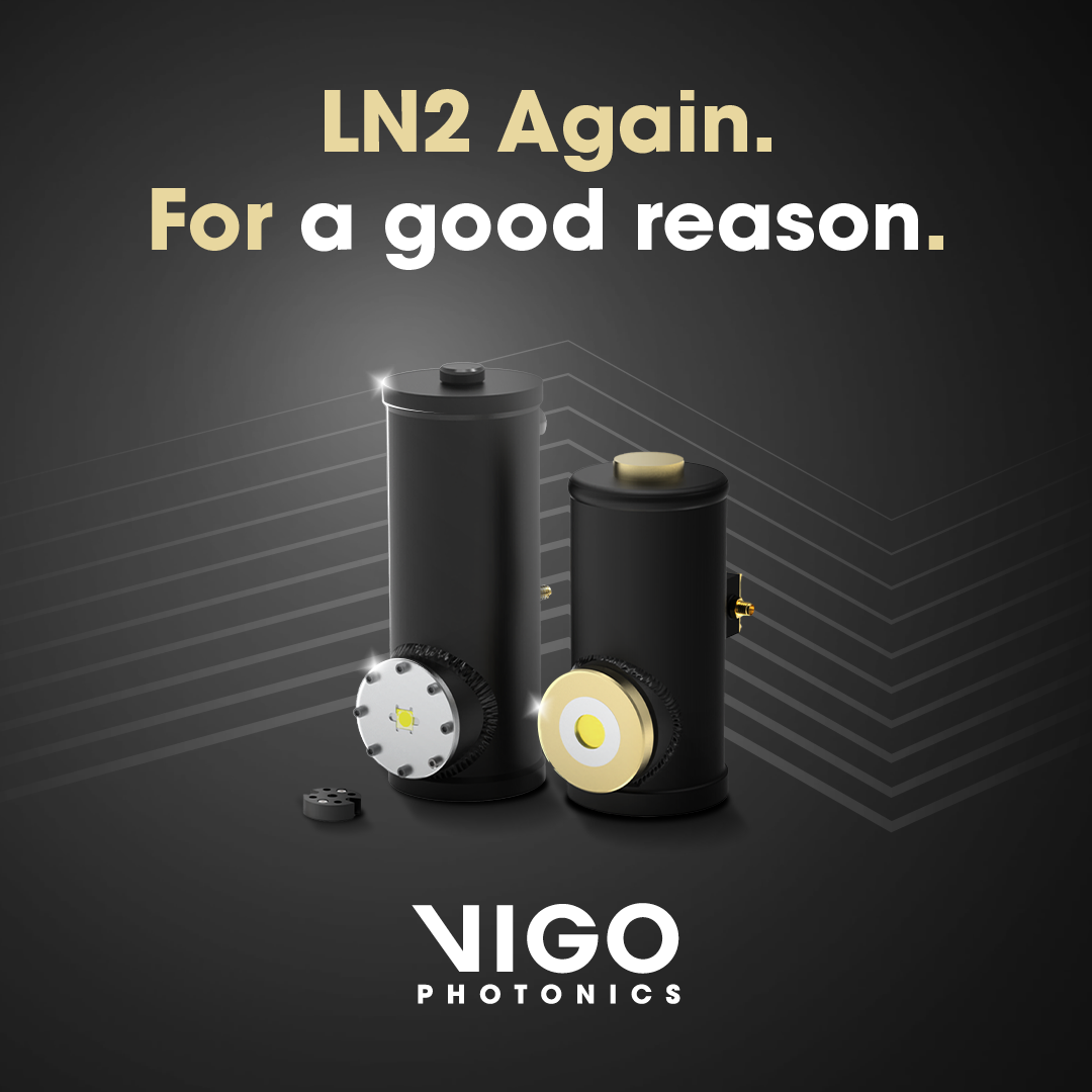 Two cylindrical devices with metallic and gold accents are displayed on a dark background with geometric lines. Text above reads, LN2 Again. For a good reason. The VIGO Photonics logo appears at the bottom.