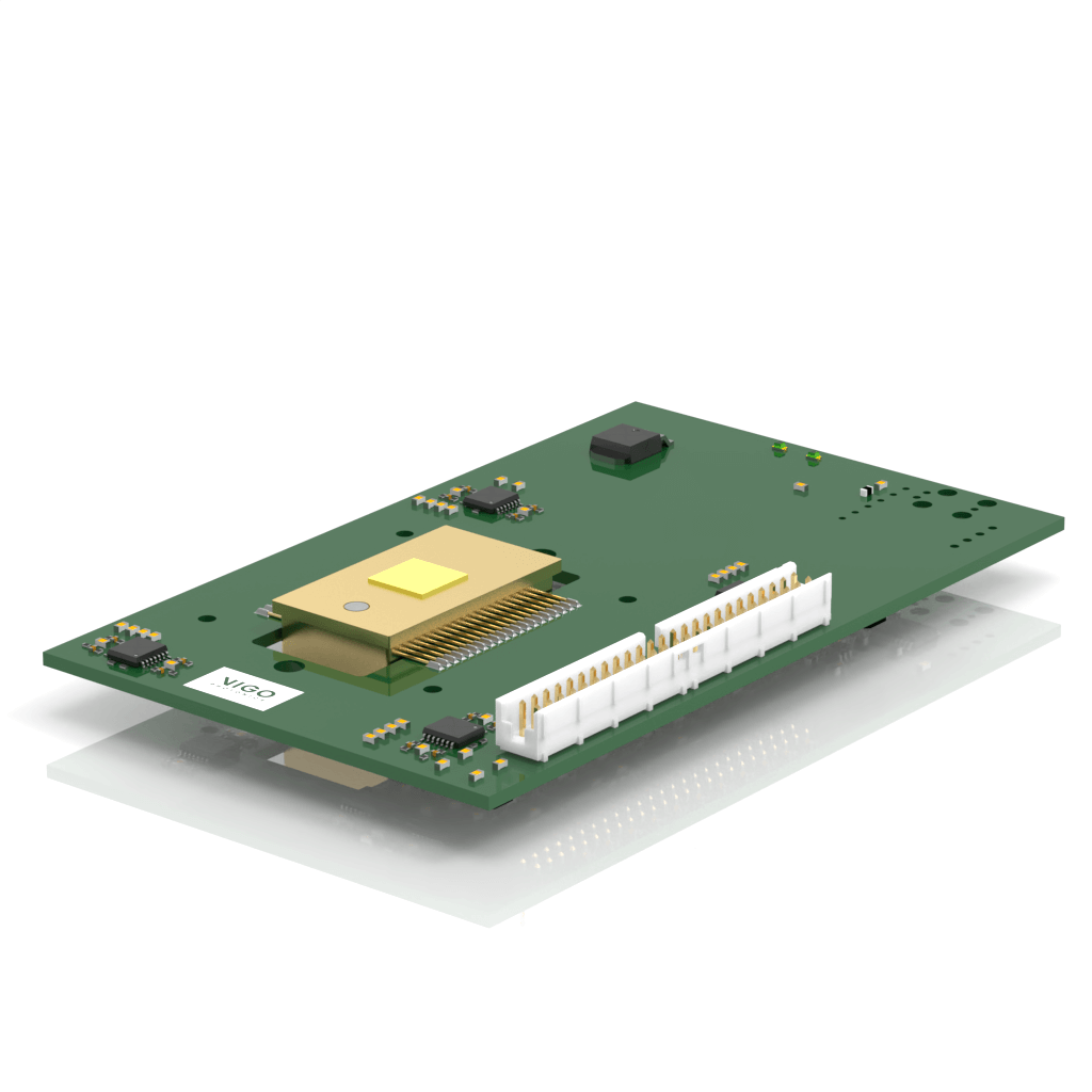A green printed circuit board with electronic components, including chips, connectors, and a gold heatsink, mounted on a white base against a white background.