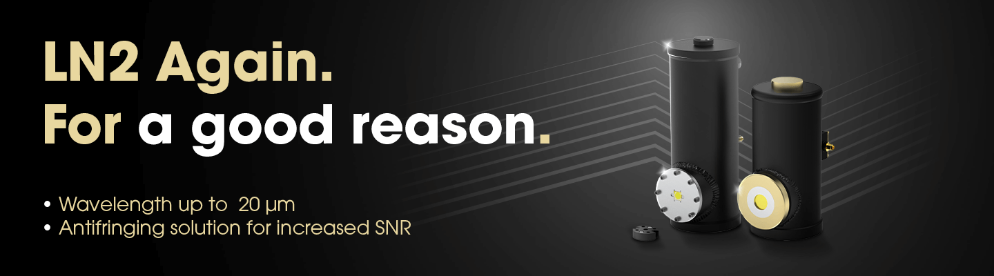 Two black cylindrical devices are displayed on a dark background with text reading LN2 Again. For a good reason. Features listed include wavelength up to 20 μm and an antitriffing solution for increased SNR.