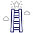 A simple drawing of a blue ladder reaching up towards a glowing star with rays, surrounded by two clouds on a black background.