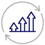 A graphic of three ascending bar charts with arrows, surrounded by a circular arrow, symbolizing growth, progress, or continuous improvement.