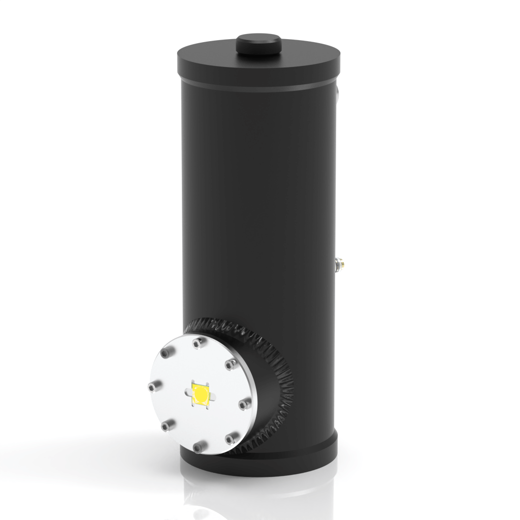 A cylindrical black metal tank with a round flat top and bottom, and a silver circular flange attached to the side near the base, standing vertically on a white background.