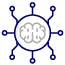 A circular design showing a brain split in half, with a crescent moon on the left. Blue lines with white dots radiate from the circle, resembling a network or circuit. The background is black.