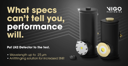 Two black cylindrical detectors with metallic ends, one taller than the other, are displayed on a gray background. Yellow and white text promotes LN2 Detector performance and specifications for VIGO Photonics.
