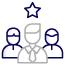 Simple illustration of two people standing on either side of a podium with a star above it, possibly representing competition, achievement, or a contest between two participants.
