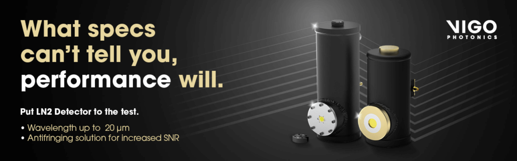 Two black cylindrical detectors with gold and white details are displayed on a dark background. Bold text reads, “What specs can’t tell you, performance will.” VIGO Photonics logo is at the top right. Bullet points list detector features.