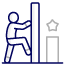 A person climbs over a tall barrier while reaching up, with a star symbol above a square platform in the background on a black surface.