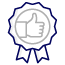 A black and white badge icon with a thumbs-up symbol in the center and ribbon tails at the bottom, suggesting approval or achievement.