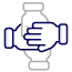 A simple graphic of two stylized hands shaking, colored dark blue, with light gray abstract shapes in the background, symbolizing agreement or partnership.