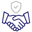 Icon of two hands shaking, symbolizing a handshake, with a shield above them displaying a check mark, representing trust, agreement, and security.