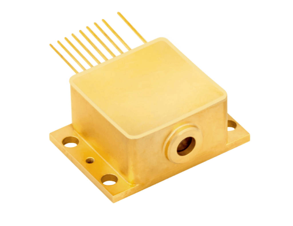 A gold-colored electronic component with a rectangular body, multiple metal pins extending from one side, and a circular opening on the front, mounted on a base with four screw holes.