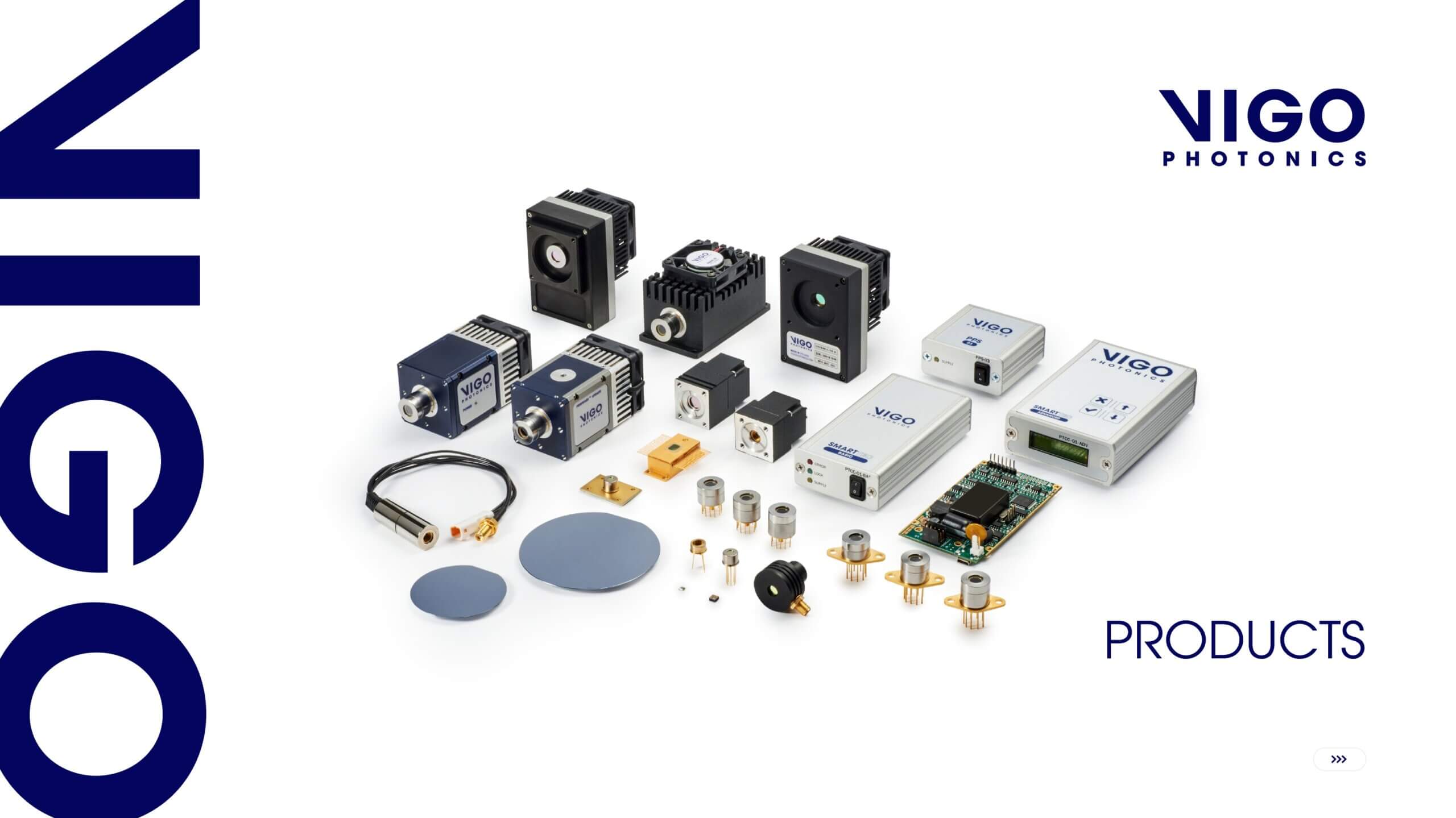 A variety of VIGO Photonics electronic and optical components, including sensors, modules, circuit boards, and lenses, are displayed on a white background with the VIGO Photonics logo and the word PRODUCTS.