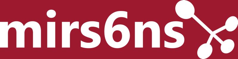 White text on a dark red background spells mirs6ns with a stylized molecule graphic to the right of the text.