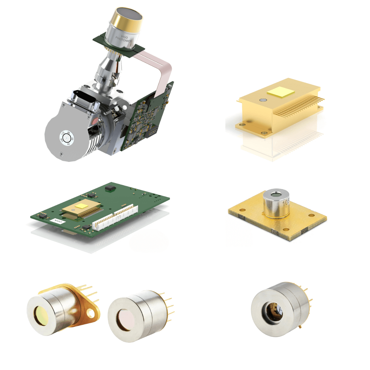 A collage of various infrared sensor components and modules, including circuit boards, cylindrical sensors with gold and silver contacts, and rectangular sensor units with metallic housings, displayed on a white background.