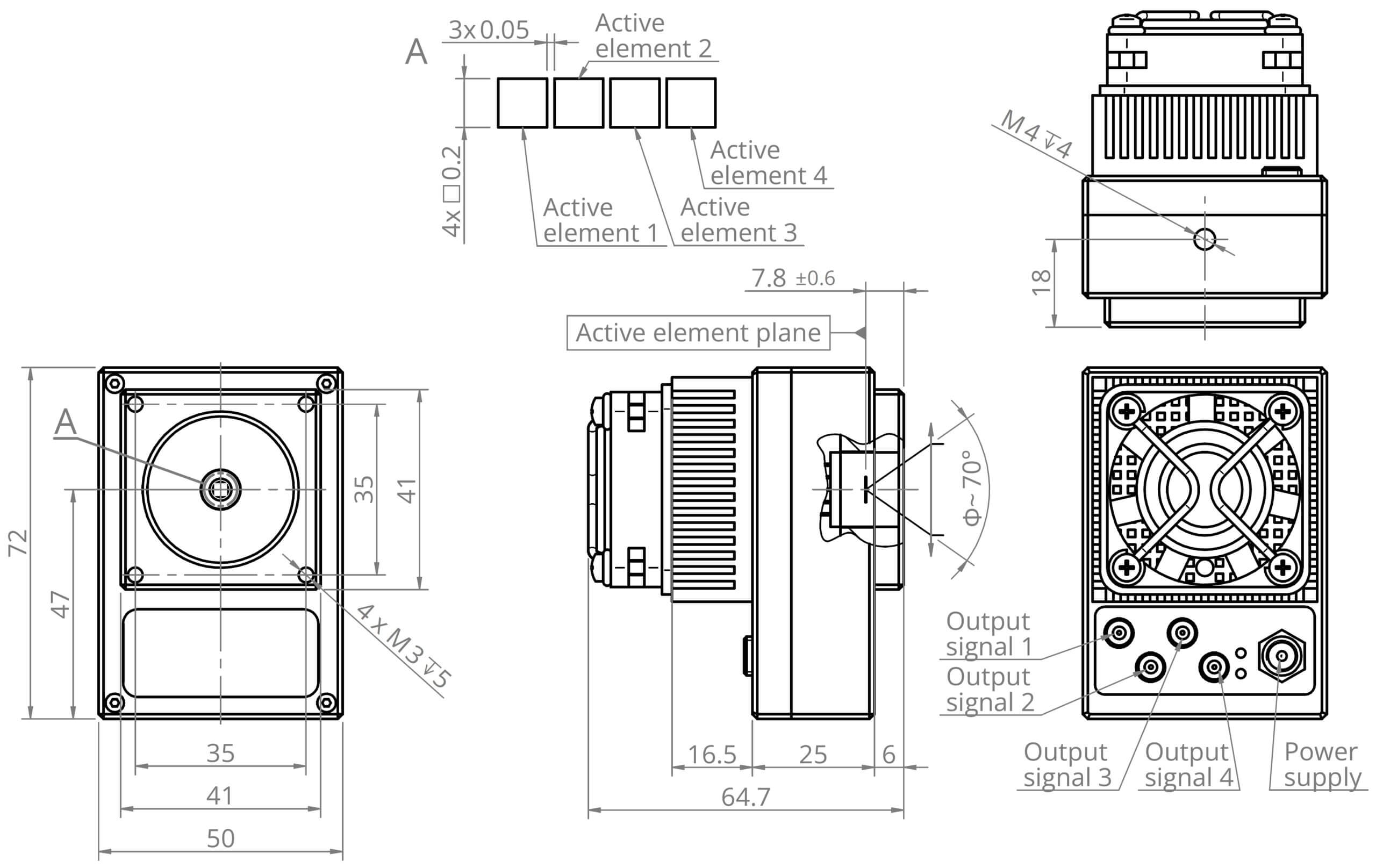 Technical drawing of a square electronic device with detailed dimensions, connector locations, and internal element placement; includes front, side, and top views with labeled measurements in millimeters.
