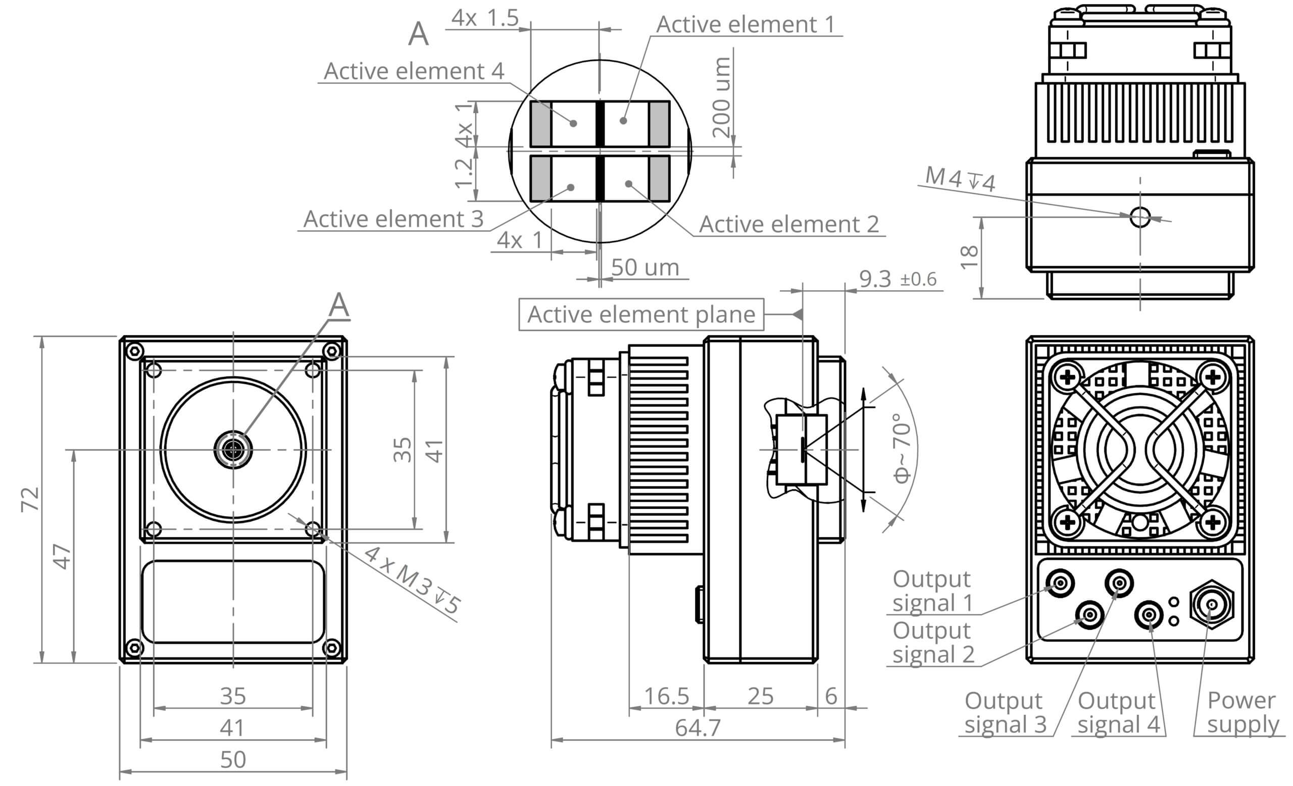 Technical drawing of an electronic device showing front, side, top, and sectional views, with detailed measurements, labeled components, and connection points for output signals and power supply.