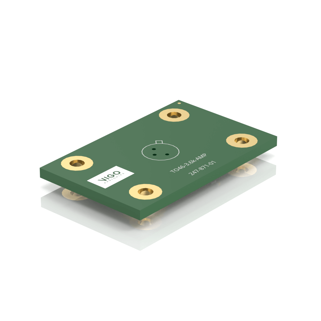 A rectangular green electronic component with four gold mounting holes at the corners, a circular connector in the center, and a white label marked VIGO on the surface.