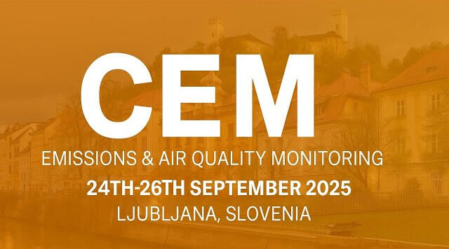 Orange-tinted image with large white text reading CEM Emissions & Air Quality Monitoring, 24th-26th September 2025, Ljubljana, Slovenia over a faded cityscape background.