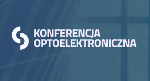 White logo and bold text “Konferencja Optoelektroniczna” in Polish appear on a blue background with faint diagonal lines and window reflections.