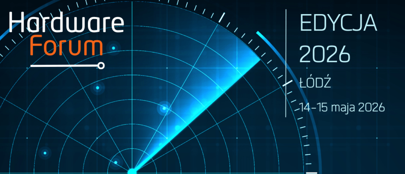 Blue digital radar graphic with Hardware Forum logo and event details: EDYCJA 2026, ŁÓDŹ, 14–15 maja 2026 on a tech-themed background.