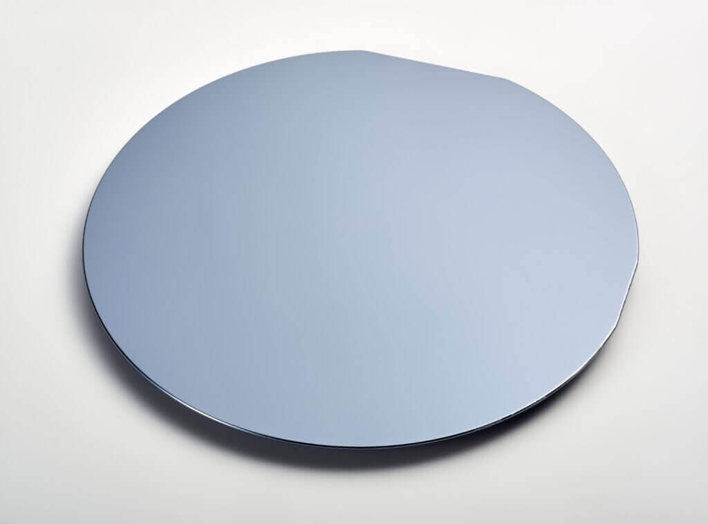A round, flat, reflective silicon wafer with a small notch on its edge, placed on a light-colored surface.