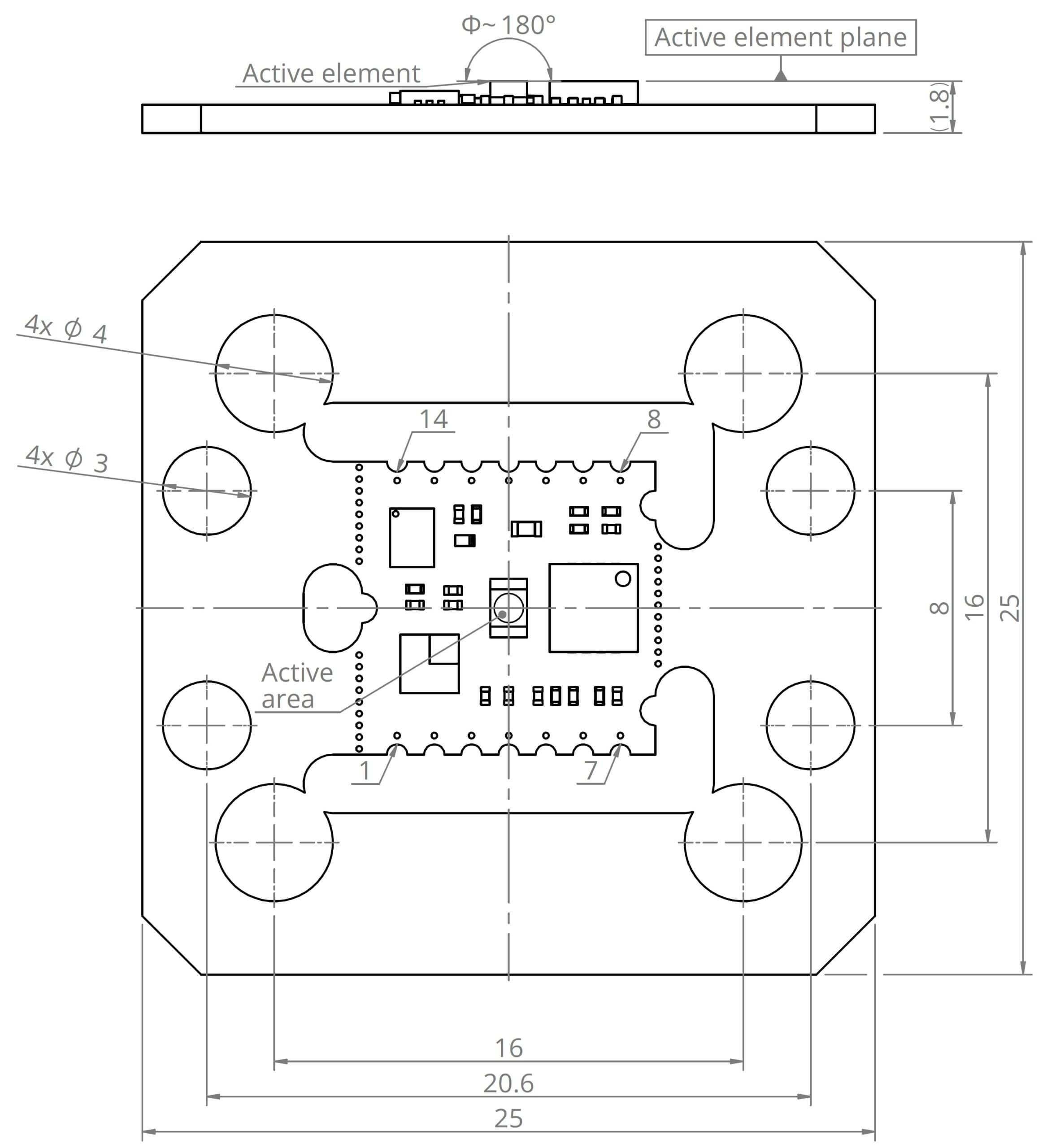 Technical drawing of an electronic component with a square base and rounded corners, showing dimensions, mounting holes, active area, and labeled active element plane, with top and side views included.