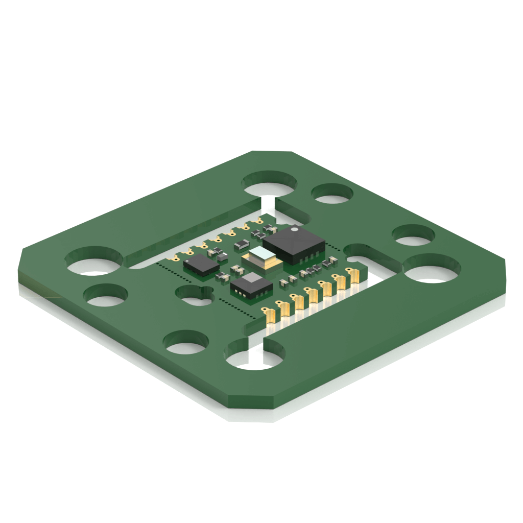 A green square electronic circuit board with four large mounting holes at the corners and several small electronic components and gold pins mounted on its surface.