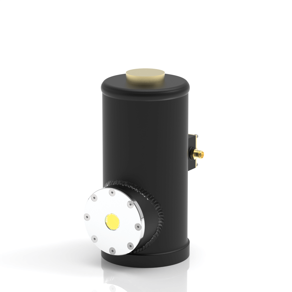 A cylindrical black device with a round metallic base, a gold-colored top, and a small gold connector on the side, set against a plain white background.
