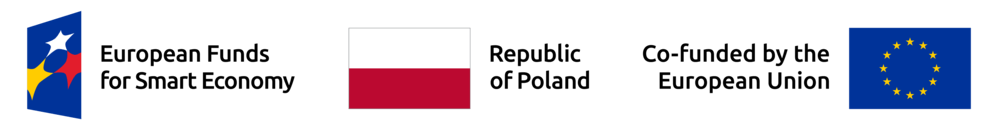 Three flags/icons on a black background: the EU Funds logo, the flag of Poland (white over red), and the flag of the European Union (circle of yellow stars on a blue background).