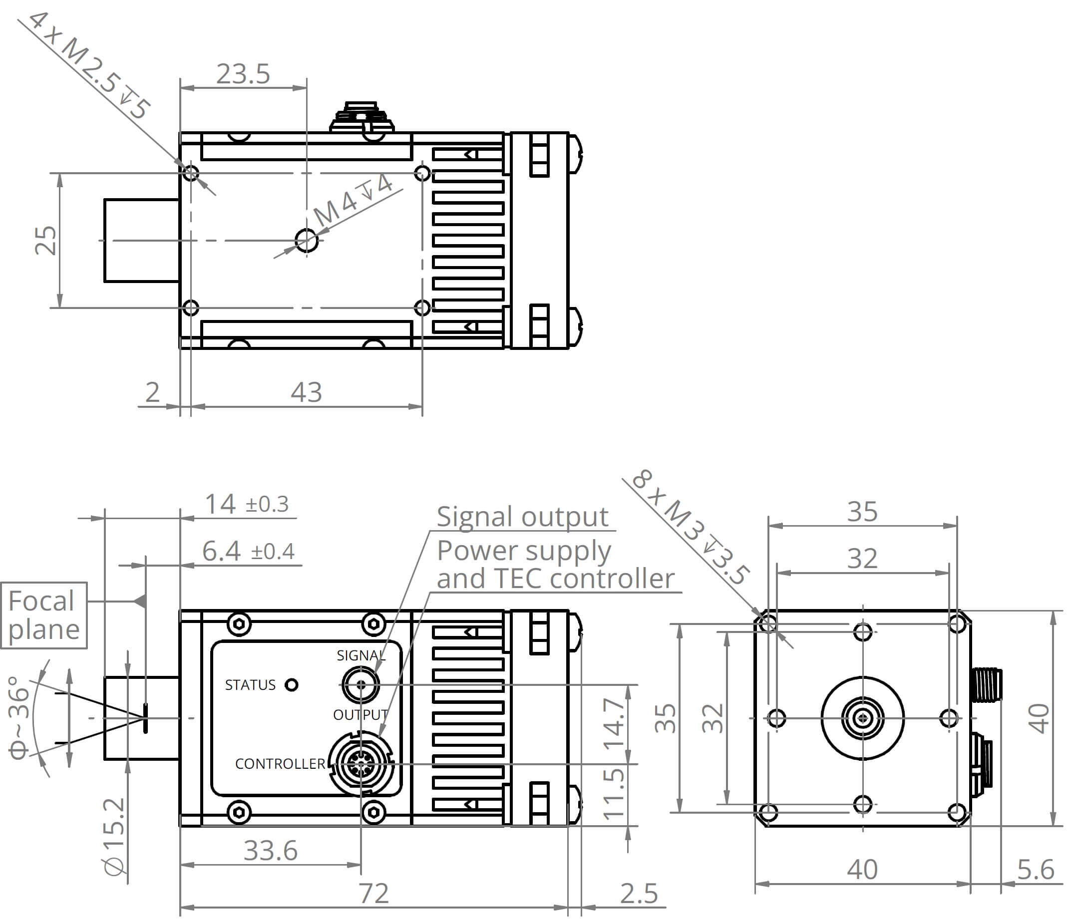 Technical drawing of a rectangular electronic device with labeled measurements, mounting holes, connectors, vents, and ports. Views include top, front, and side elevations with detailed dimensions in millimeters.