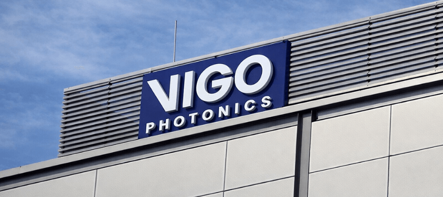 A building facade with a blue and white sign that reads VIGO PHOTONICS mounted near the roof against a partly cloudy sky.