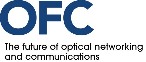 OFC logo with large blue letters and the tagline The future of optical networking and communications in black text below.