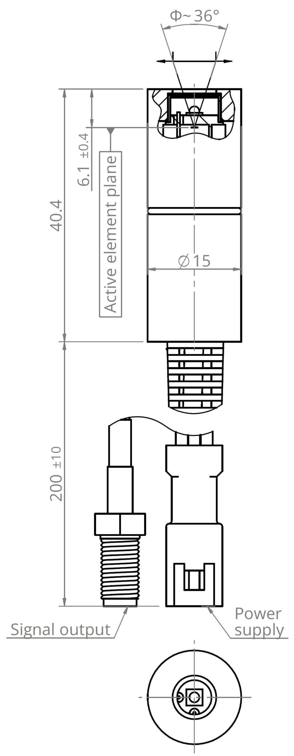 Technical drawing of a cylindrical sensor with dimensions, showing front, side, and bottom views. Labeled parts include signal output, power supply, and active element plane. Connector and cable are also illustrated.