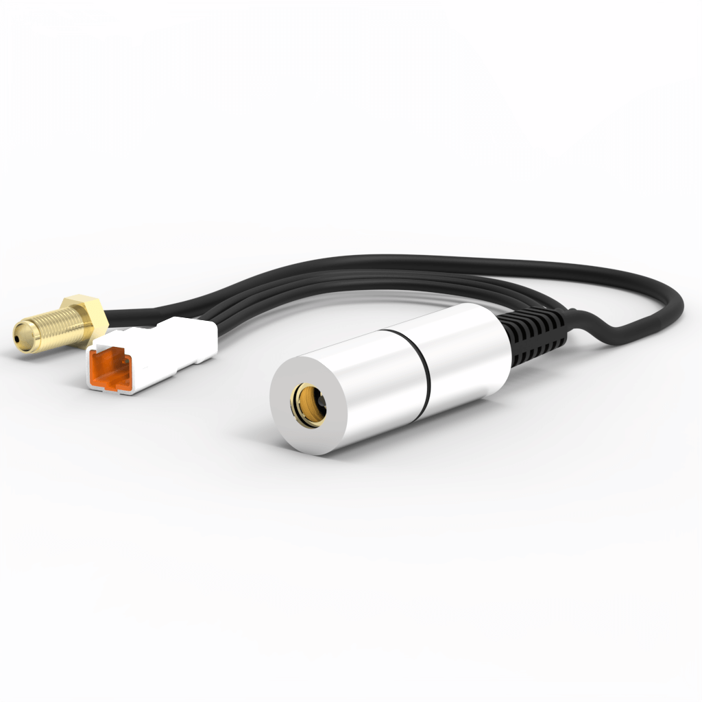 A black cable with a silver cylindrical inline component, featuring a brass connector and a white plastic connector with an orange section, all set on a plain white background.