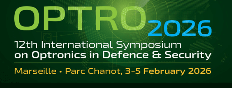 Green and yellow banner for OPTRO 2026, the 12th International Symposium on Optronics in Defence & Security. Event is in Marseille at Parc Chanot, from 3-5 February 2026.