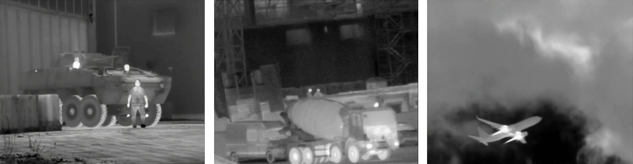 Three black-and-white thermal images: a person and armored vehicle, a large truck near construction materials, and an airplane flying against a cloudy sky. Bright white areas indicate heat sources in each scene.